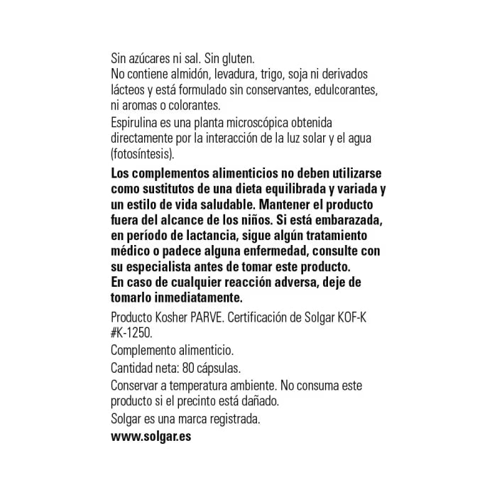 Solgar Espirulina 80 Cápsulas Vegetales