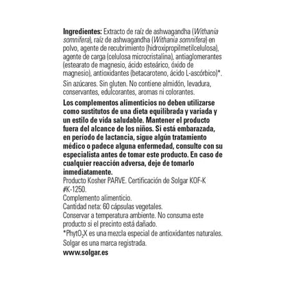 Solgar Extracto De Raíz De Ashwagandha 60 Cápsulas Vegetales