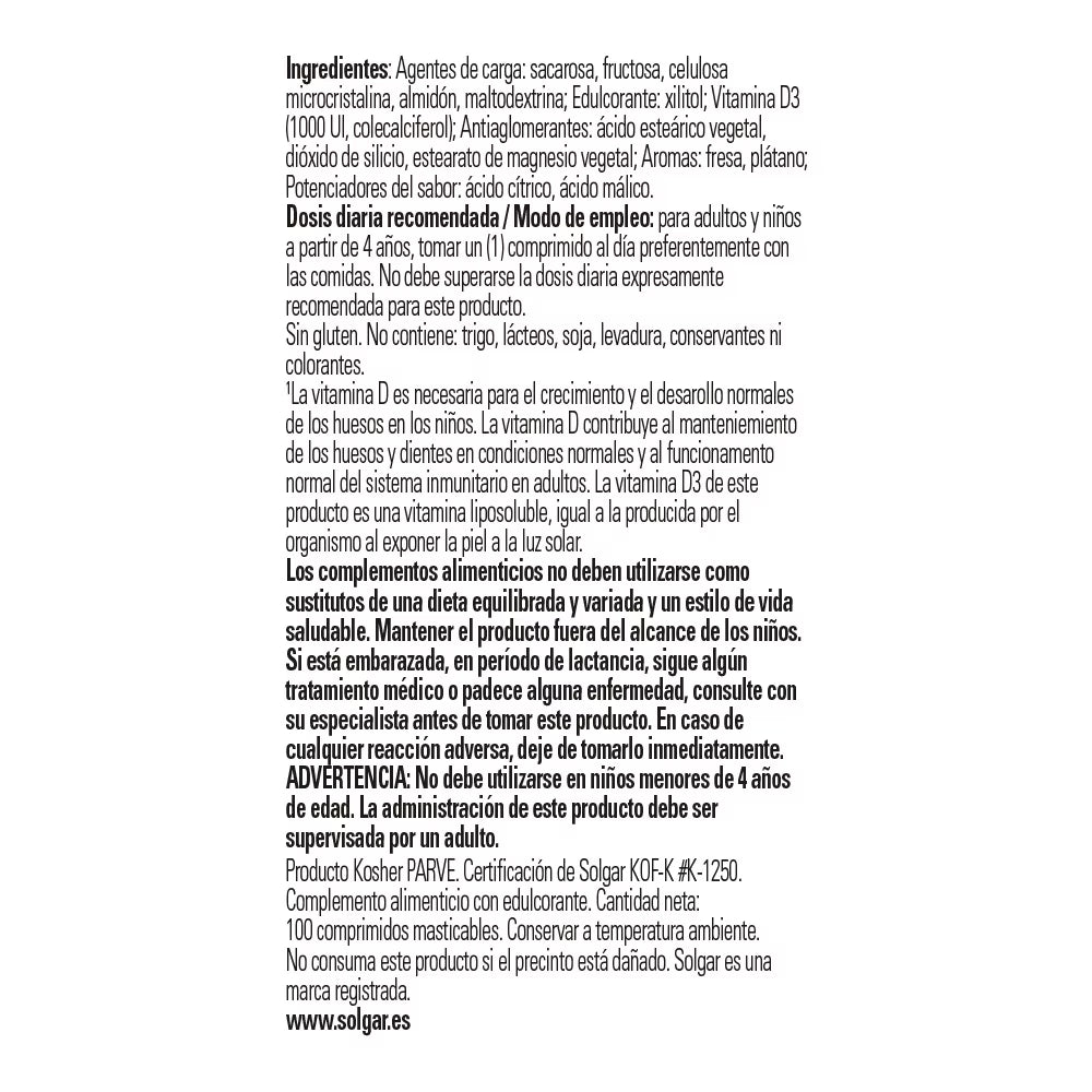 Solgar Vitamina D3 1000UI (25µg) 100 Tabletas Masticables