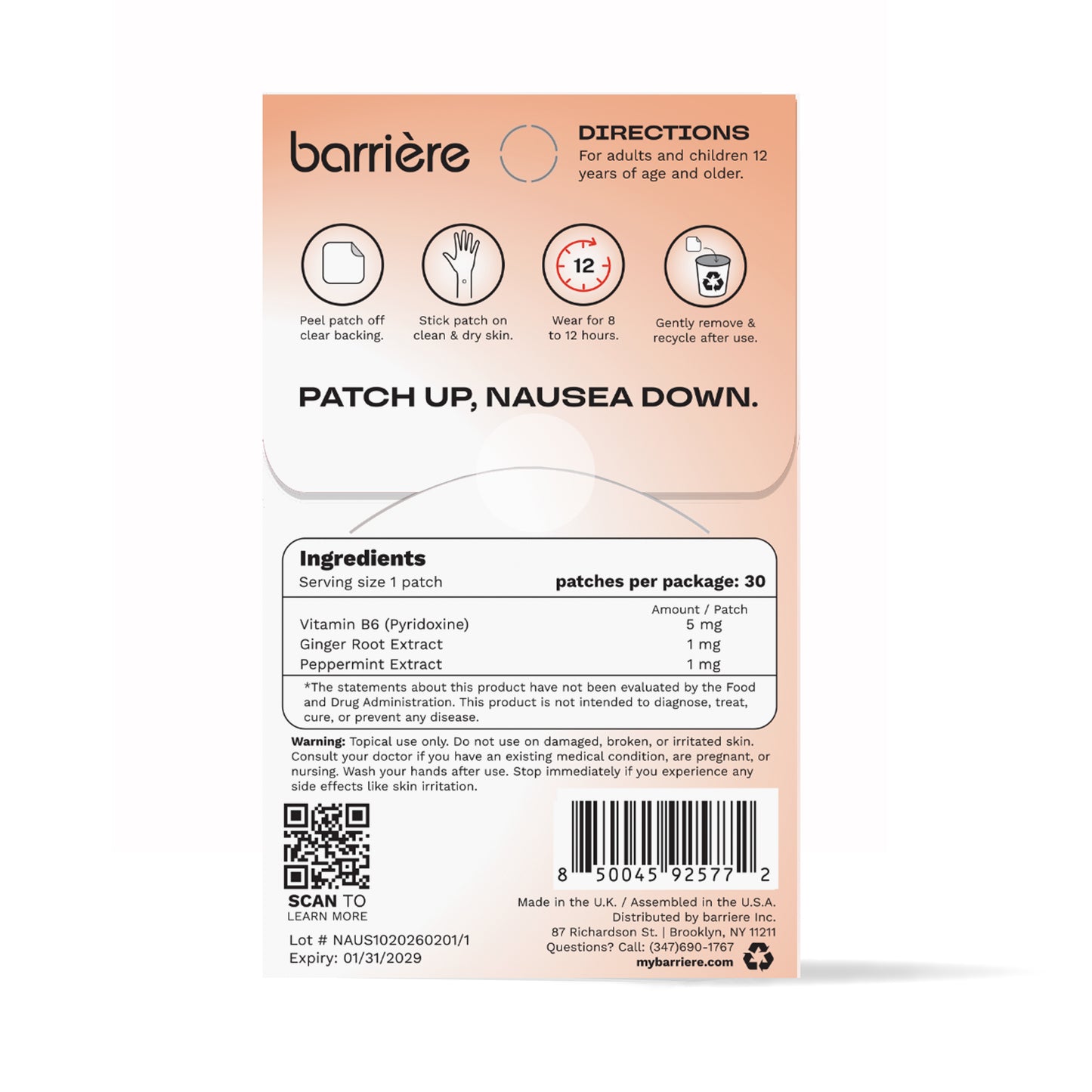 Barrière Steady Motion Nausea Support Patch 30 Pk
