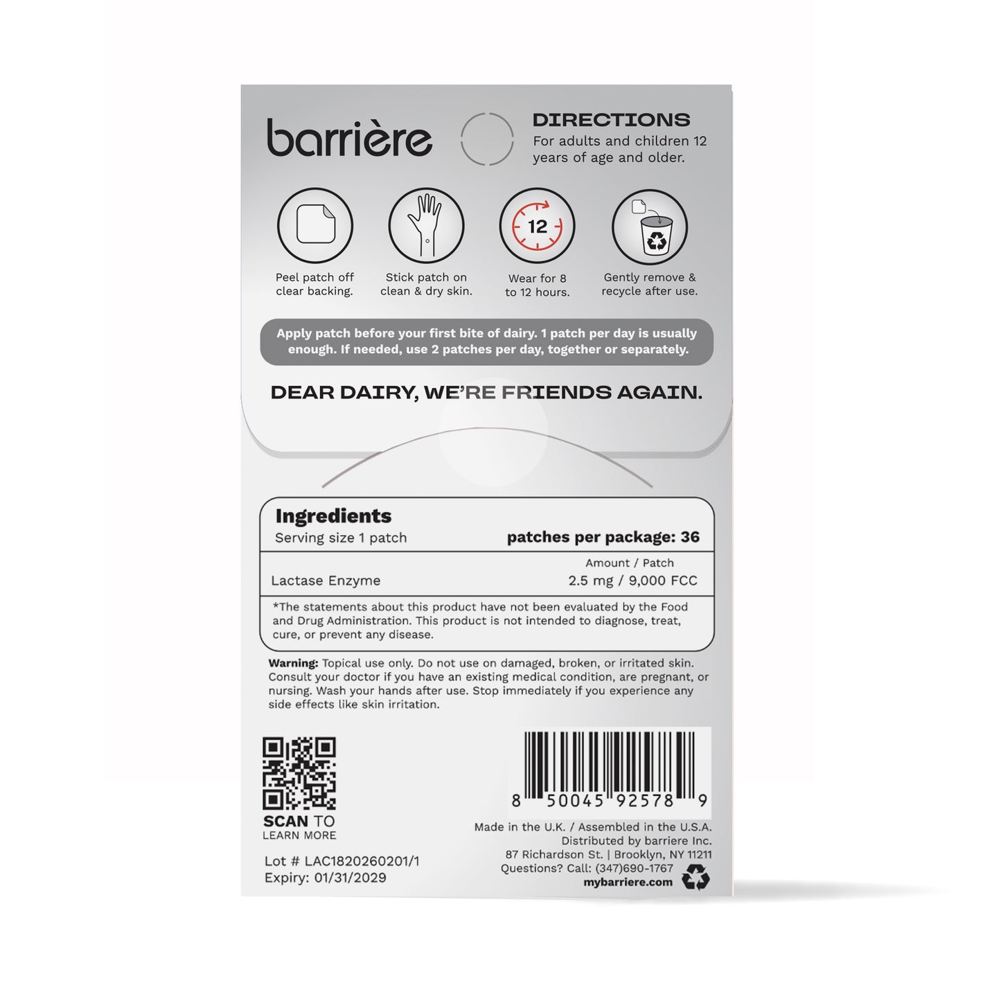 Barrière Dear Dairy Lactose Relief Patch 36 Pk - Milky Treats