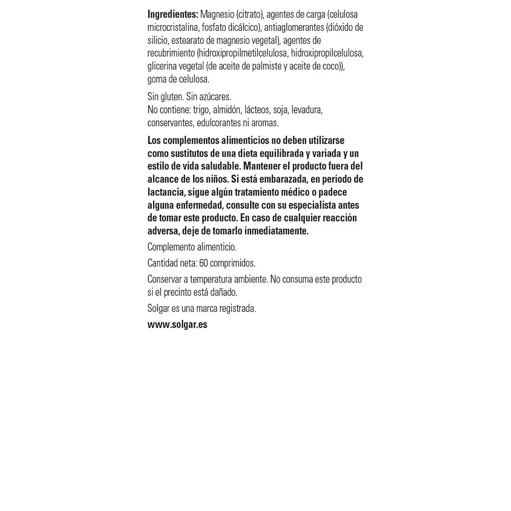 Solgar Citrato De Magnesio 60 Comprimidos
